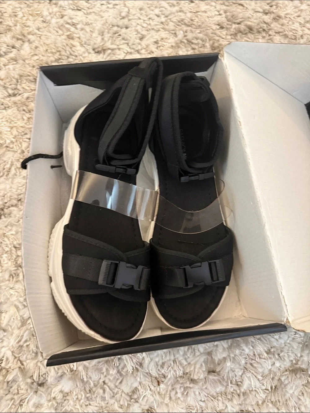 Fashion Nova Black Sport Sandals with Clear Accent Strap